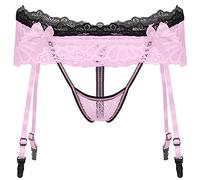 CHICTRY Men's Lace Frilly Pouch Briefs G-String Thong Jockstrap Underwear Sissy Panties with Garter Pink One Size