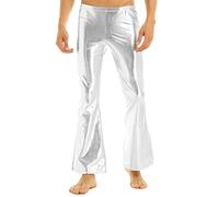 CHICTRY Men's Metallic Shiny Pants PVC Leather Skinny Biker Leggings Long Trousers 3# Silver XXL
