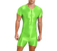 CHICTRY Men's One-Piece Short Sleeve Workout Bodysuit Zipper Front Leotard Wrestling Singlet Unitard Fluorescent Green M