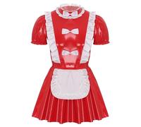 CHICTRY Men's Patent Leather French Maid Uniform Crossdressing Sissy Lingerie Fancy Dress Outfits Bow Red A XXL