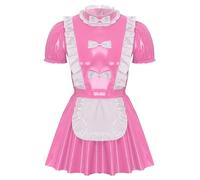 CHICTRY Men's Patent Leather French Maid Uniform Crossdressing Sissy Lingerie Fancy Dress Outfits Bow Pink A 4XL