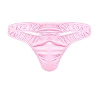 CHICTRY Men's Satin Ruched Frilly T Back Briefs Sissy Pouch G-String Thong Panty Pink M