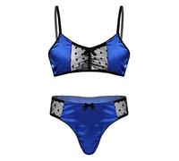 CHICTRY Men's Satin Shiny Sissy Lingerie Set Pajamas Crossdresser Ruffled Mesh Bra Top with Panties