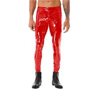 CHICTRY Mens Shiny Metallic Faux Leather Motor Biker Tight Pants Zipper Pouch Long Trousers Leggings 3# Red M