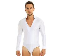 CHICTRY Men's Shiny Rhinestones Latin Tango Dance Shirt Leotard Ballroom Dancing Bodysuit Dancewear White L