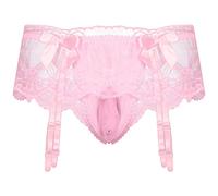 CHICTRY Mens Sissy Lace Ruffled Lingerie Bulge Triangle Panties Briefs T-Back Thongs with Garters Pink One Size