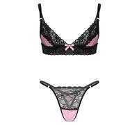 CHICTRY Mens Sissy Lingerie Set 2 Pieces Lace Satin Bra Top and Micro Panties Crossdresser Nightwear Pink M
