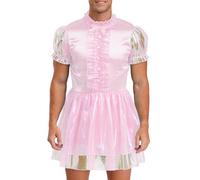 CHICTRY Men's Sissy Maid Sparkly Puff Sleeve Ruffled Dress Lockable Crossdress Costume Halloween Dress Pink 3XL