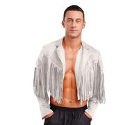 CHICTRY Men's Traditional Cowboy Western Leather Jacket Coat with Fringe Native American Jacket Beige M