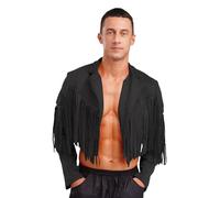 CHICTRY Men's Traditional Cowboy Western Leather Jacket Coat with Fringe Native American Jacket Black XL