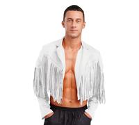 CHICTRY Men's Traditional Cowboy Western Leather Jacket Coat with Fringe Native American Jacket White L