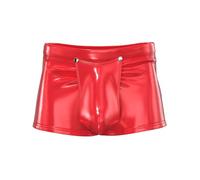 CHICTRY Men's Wet Look Faux Leather Low Rise Boxer Shorts Buckled Zipper Crotchless Hot Pants 2# Red B 3XL