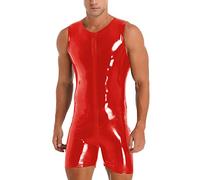 CHICTRY Mens Wet Look Patent Leather Sleeveless Front Zipper Leotard Bodysuit Catsuit Clubwear 4# Red 3XL
