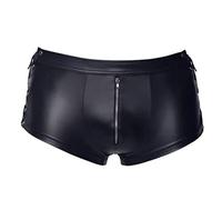 CHICTRY Men's Wet Look Patent Leather Zippered Shorts Hot Pants Low Rise Lace-up Hipster Trunks Swim Black L