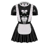 CHICTRY Men's Wet Look PVC Leather French Maid Cosplay Costume Sissy Lace Trimed Leotard Bodysuit 3# Black B L