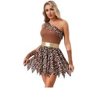 CHICTRY Prehistoric Cave Girl Costume One Shoulder Patchwork Dress with Tassel Trim for Halloween Parties Dark Brown S