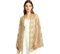CHICTRY Sequin Embroidery Evening Cape Scarf Shawls Shoulder Wrap Sheer Poncho Capelet Collar for Cocktail Party Gowns Beige&Gold One Size