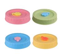 CHICTRY Set of 4 Cute Decorative Mason Jar Lids Plastic Storage Jars Caps with Straw Hole and Plug for Regular Mouth Mason Jars Canning Ball Drinking Jars Assorted Color 70mm Inner Diameter