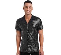CHICTRY Sparkle Party Short Sleeve Button Down Shirts Holiday Adult Men Club 70S Disco Costume Date Night Black XL