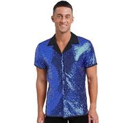 CHICTRY Sparkle Party Short Sleeve Button Down Shirts Holiday Adult Men Club 70S Disco Costume Date Night Royal Blue S