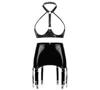 CHICTRY Woman's 2 Piece 1/4 Cup Balconette Shelf Bra Mini Skirt Garter Belt Set Lingerie Set 2# Black L