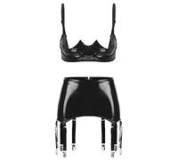 CHICTRY Woman's 2 Piece 1/4 Cup Balconette Shelf Bra Mini Skirt Garter Belt Set Lingerie Set 3# Black XL