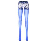 CHICTRY Woman's Oil Glossy Pantyhose Tights Hollow Out Thigh High Suspender Stocking Footed Legging Open Royal Blue XL