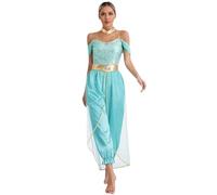 CHICTRY Women Belly Dance Dress Indian Bollywood Halloween Costume Chiffon Shiny Belly Dance Suits Turquoise XL