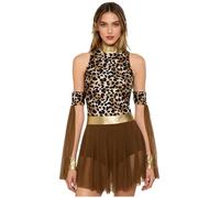 CHICTRY Women Leopard Printed Irregular Hem Native Indian Costume Sleeveless Cosplay Dance Leotard Brown S