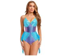CHICTRY Women Mermaid Costume Shiny Metallic Fish Scale Print Bodysuit Ruffle Mesh Jumpsuit for Rave Party Sky Blue XXL