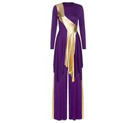 CHICTRY Women Metallic Praise Dance Overlay Church Worship Liturgical Lyrical Dance Outfit with Wide-Leg Pants Purple S
