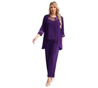CHICTRY Women Outfit 3 Pieces Chiffon Lace Vest Pants Outwear Suit for Wedding Evening Party Gown Mother of The Bride Purple XXL