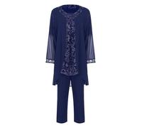 CHICTRY Women Outfit 3 Pieces Chiffon Lace Vest Pants Outwear Suit for Wedding Evening Party Gown Mother of The Bride C1 Navy Blue L/0XL