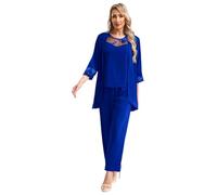 CHICTRY Women Outfit 3 Pieces Chiffon Lace Vest Pants Outwear Suit for Wedding Evening Party Gown Mother of The Bride Blue XXL
