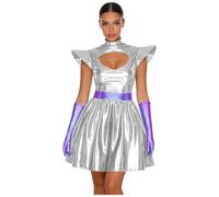 CHICTRY Women Rave Outfits Alien Outerspace for Future World Party Metallic Shiny Adult Astronaut Costume Silver M
