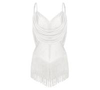 CHICTRY Women Rhinestone Lyrical Latin Dance Leotard Ruffle Camisole Bodysuit Tassel Tango Jazz Dance Dress Ivory S