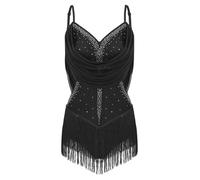 CHICTRY Women Rhinestone Lyrical Latin Dance Leotard Ruffle Camisole Bodysuit Tassel Tango Jazz Dance Dress Black XXL