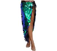 CHICTRY Women Sequin Tassel Skirt Belly Dance Hip Skirt Scarf Wrap Party Rave Skirt Club Mini Skirt Long Green B L