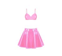 CHICTRY Women Shiny Metallic Hollow Out Halter Crop Top with Flared Pleated Mini Skater Skirts Set Zipper Pink A M