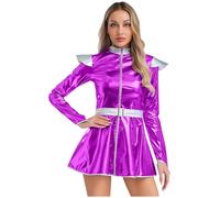 CHICTRY Women Space Cadet Party Dress Up Alien Lady Costume Disco Holographic Dress 70s 80s Rave Outfit Purple XXL