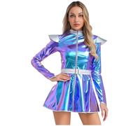 CHICTRY Women Space Cadet Party Dress Up Alien Lady Costume Disco Holographic Dress 70s 80s Rave Outfit Blue XL