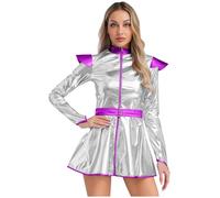CHICTRY Women Space Cadet Party Dress Up Alien Lady Costume Disco Holographic Dress 70s 80s Rave Outfit Silver XL