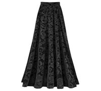 CHICTRY Women Winter Velvet Maxi Skirt Elastic High Waist Embroidered Casual Pleated Long Skirt for Party Black M
