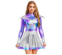 CHICTRY Womens Alien Astronaut Cosplay Dress Long Sleeve Shiny Metallic Halloween Costume for Party Rave Silver L