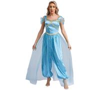 CHICTRY Women's Arabian Princess Costume Bollywood Fancy Dress Tulle Overlay Jumpsuit Belly Dance Costume Lake Blue XL