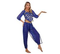 CHICTRY Women's Belly Dance Outfits Bollywood India Dance Costume Cropped Tops with Bloomer Lantern Pants Royal Blue One Size
