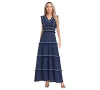 CHICTRY Womens Boho Sundress Tassel Sleeveless A-line Tank Dress V Neck Casual Beach Dress Navy Blue L