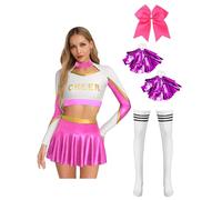 CHICTRY Womens Cheerleading Crop Top Miniskirt Set with Bowknot Hairband Shiny Rhinestone Dance Costume Hot Pink S