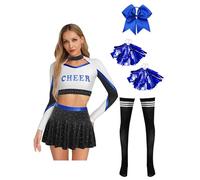 CHICTRY Womens Cheerleading Crop Top Miniskirt Set with Bowknot Hairband Shiny Rhinestone Dance Costume Black&Blue M