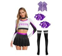 CHICTRY Womens Cheerleading Crop Top Miniskirt Set with Bowknot Hairband Shiny Rhinestone Dance Costume Purple XXL